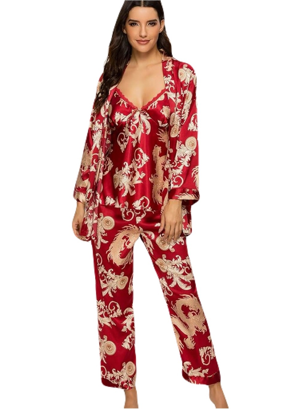 NWT Escalier Medium Red Beige Satin Paisley Floral 3-Piece Pajama Set
